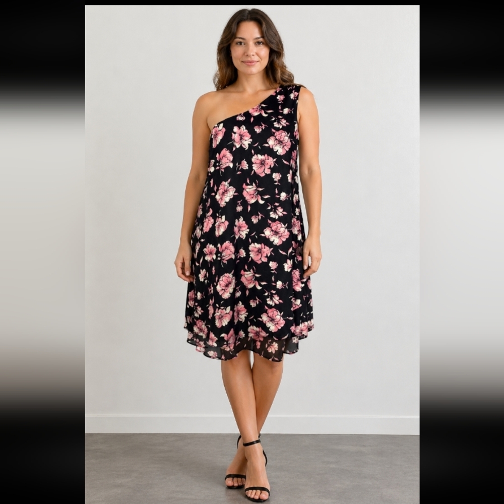DR2 Medium Layered floral black one shoulder flowy dress